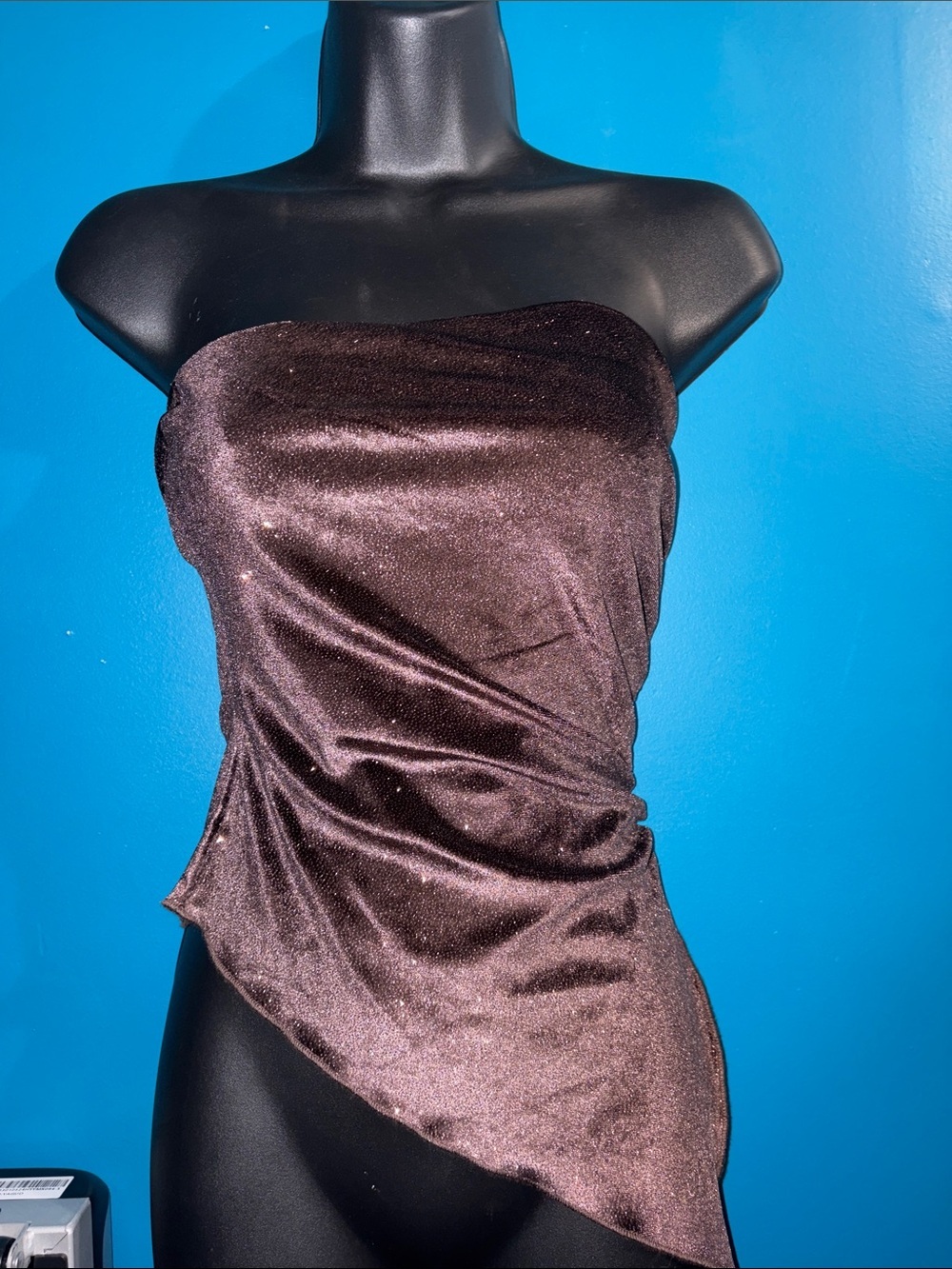 5 for $20 tops sale Strapless Asymmetrical Velvet Top in Deep Brown